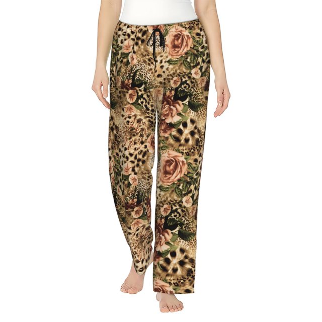 Fotbe Animal Leopard Pantalones de Pijama para Mujer, Pantalones de Dormir, Pantalones Pj con Cordón y Bolsillos-Large