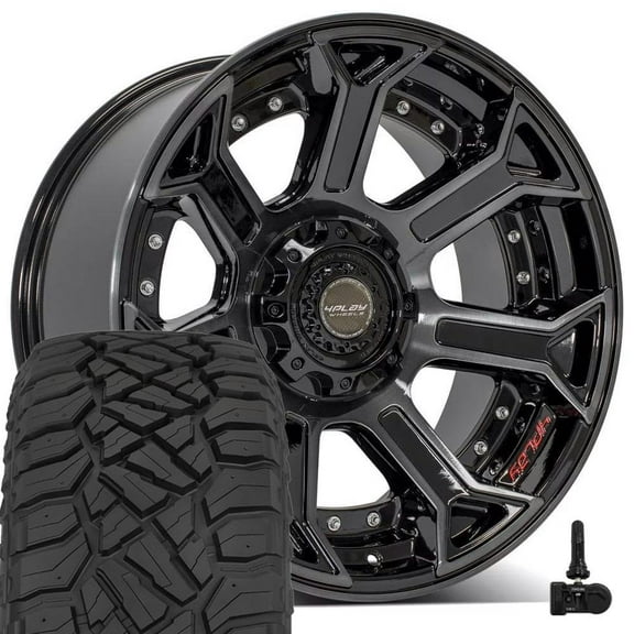 4PLAY Wheels 4P70 22 Inch Rims and Tires Fit 5x127 & 5x139.7 22x10 Gloss Black Brushed with Tinted Clear - TerraMax RT 33x12.50/22 (Set of 4)