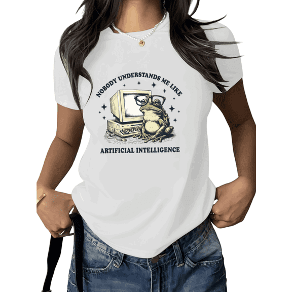 White Print Tshirt Graphic Tees Shirts Funny AI Frog Geek Humor Casual Tech Lover Gift S 5XL Tops
