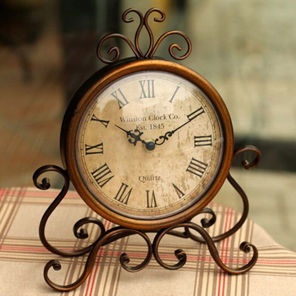 Battery Operated Silent Table Clock Vintage Retro Iron Ornament Home Decoration