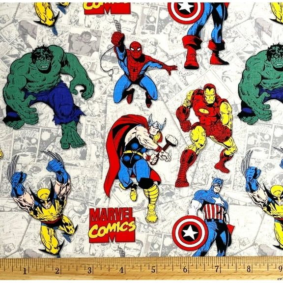 1 Fat Quarter - Marvel Comics Hulk Captain America Spiderman & Thor Cotton Fabric - 21" X 18"