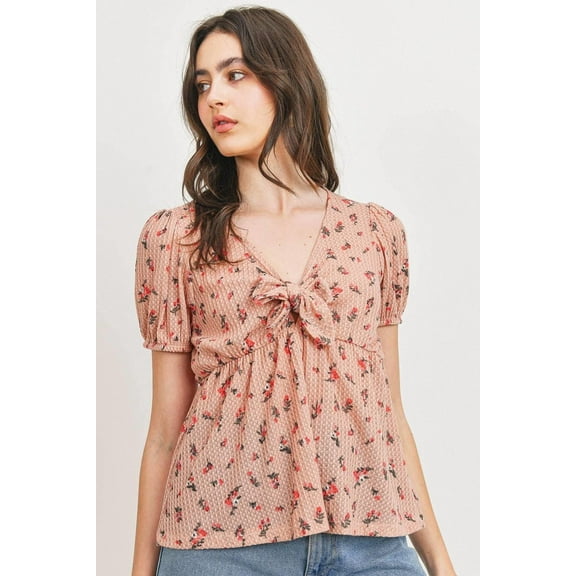 Front Tie Floral Waffle Top