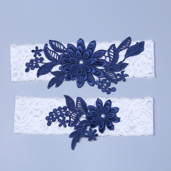 2 Pcs Rhinestone Pearls Decoration Wedding Garters Bride Bridal Lace Garter Set