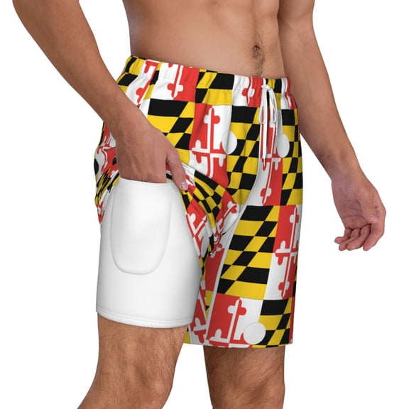 Mens Swim Trunks Maryland Flag Quick Dry Board Shorts with Compression Liner