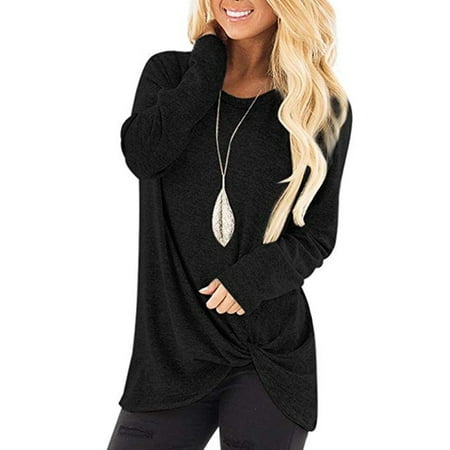 Twisted Knot Top - JustVH Women's Solid Color Round Neck Casual Sweatshirt Side Twist Knotted Tops Blouse