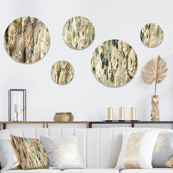 Designart "Medallions Of Vintage Lace" Floral Round Wall Art Set Of 5 - White Cottage Living Room Wall Metal Art Set