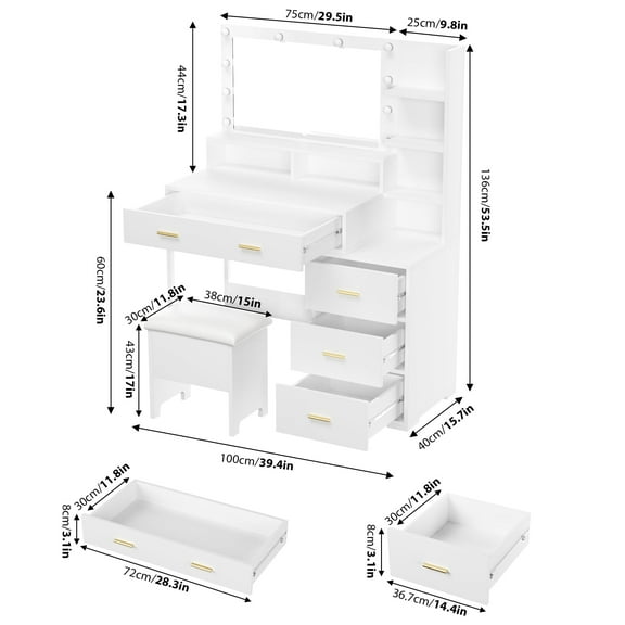 Yeshouse Vanity Desk Table with Chair, Mirror and 3 Lighting Modes Adjustable Brightness Lights, Makeup Vanity for Bedroom Dresser with Storage Cabinet and 4 Drawers, 4 Storage Shelves