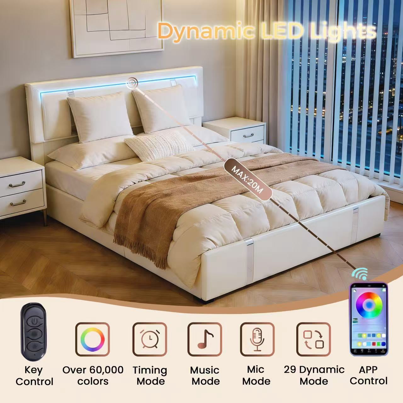 Mintazer Full Lift Up Storage Bed Frame with LED Lights & Charging Station, Upholstered Platform Bed with Adjustable Headboard for Bedroom, White