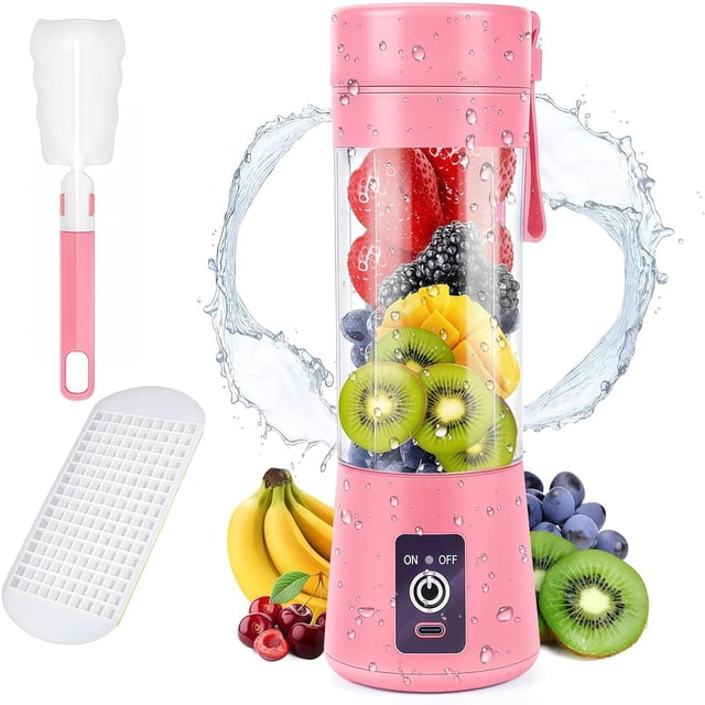 Batidora portátil, 150 watt para batidos y smoothies, 400 ml batidora de viaje recargable por USB, botella sin BPA (Con Cepillo Esponja Rosa*1 + Ice Lattice*1)