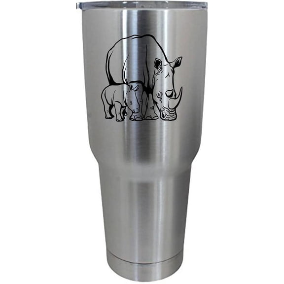 Rhinoceros with Baby Zoo Animal Themed Etched 30oz Stainless Steel Tumbler