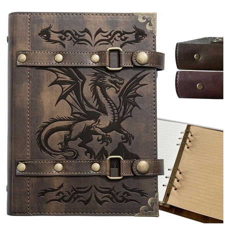 DUROTAN DND Notebook Dragon Journal for Dungeons And Dragons/D&D Accessory Gifts refillable Leather 400 Pages A5 personalized Notepad for Men and Women(1-Khaki-Dragon)