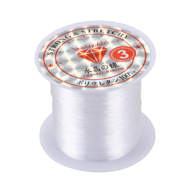 Jewelry Beading Thread 0.3mm Dia. Clear Nylon Fishing Line Spool 17 Lbs. The spool features a clear nylon fishing line with a 0.3mm diameter and a capacity of 17 lbs (8 kg). The spool is white and measures 50mm in diameter and 45mm in height. Ideal for freshwater fishing or jewelry beading projects.