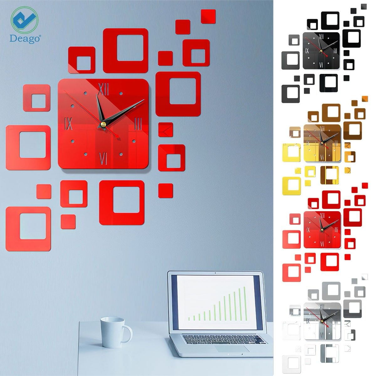 Deago Modern DIY 3D Large Wall Clock Mirror Surface Sticker Art Design