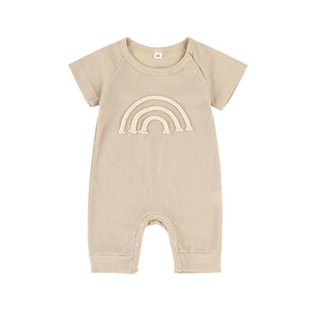 

Qmyliery Infant Baby Casual Romper Short Sleeve Round Neck Rainbow Pattern Long Bodysuit