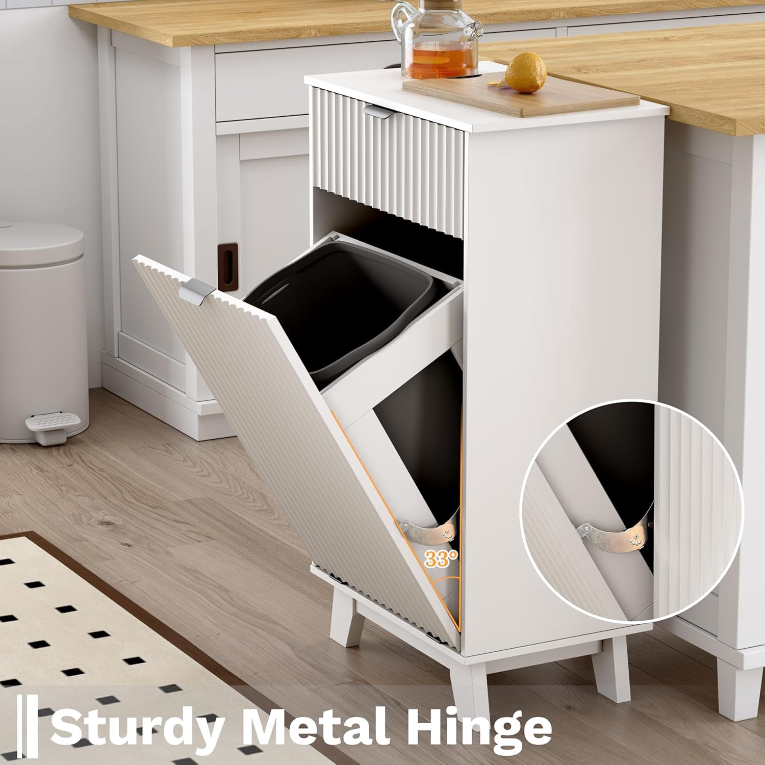 FANRAL Single Tilt Out Laundry Hamper Cabinet,10 Gallon Wooden Hidden Storage Cabinet,Fluted Trash Can for Bathroom Kitchen Living Room,White Laundry Basket Cabinet
