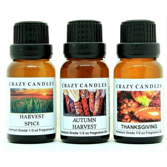 Crazy Candles 3 Bottles Set, 1 Harvest Spice, 1 Autumn Harvest, 1 Thanksgiving 1/2 Fl Oz Each (15ml) Premium Grade Scented Fragrance Oils