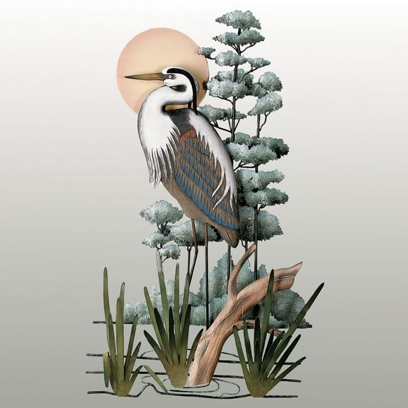 Great Blue Heron Bird Hanging Tropical Coastal Marsh Handcrafted Metal Handcarved Wood Wall Art Sculpture