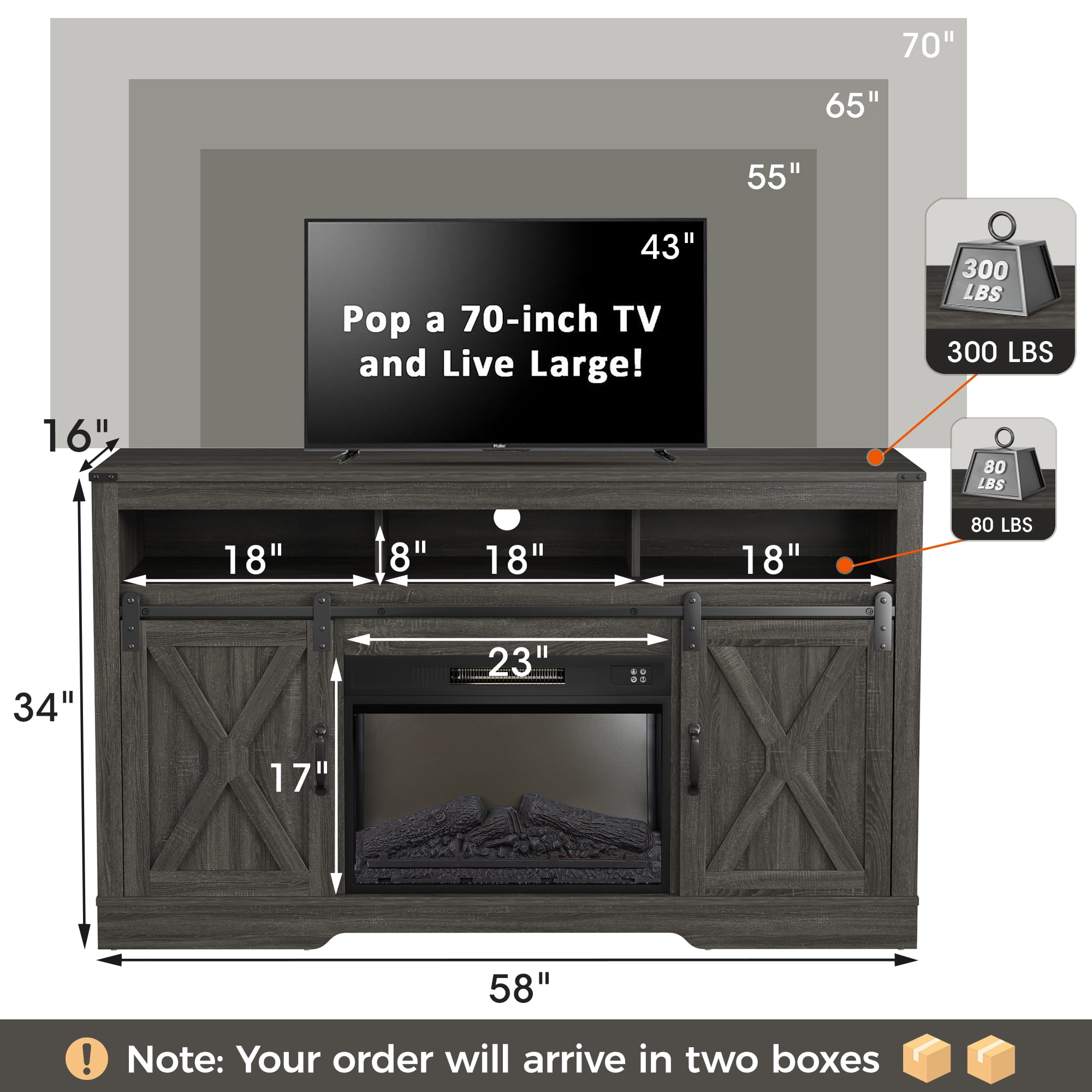 Mayincolor Fireplace TV Stand for 65+ inch, Farmhouse Entertainment Center with 23" Electric Fireplace with Remote, Modern Rustic TV Console Storage Cabinet with Sliding Bar Door , Dark Grey