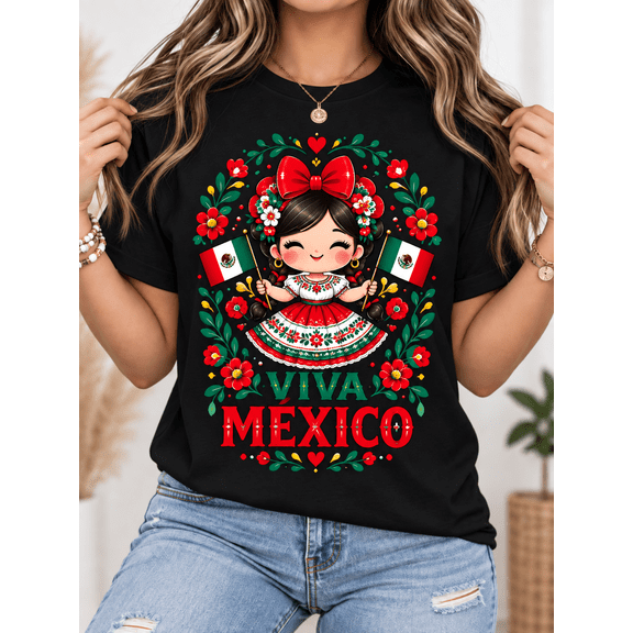 【New Arrival】Women's Mexico Graphic T-Shirt, Colorful Floral Character Print Casual Short Sleeve Tee