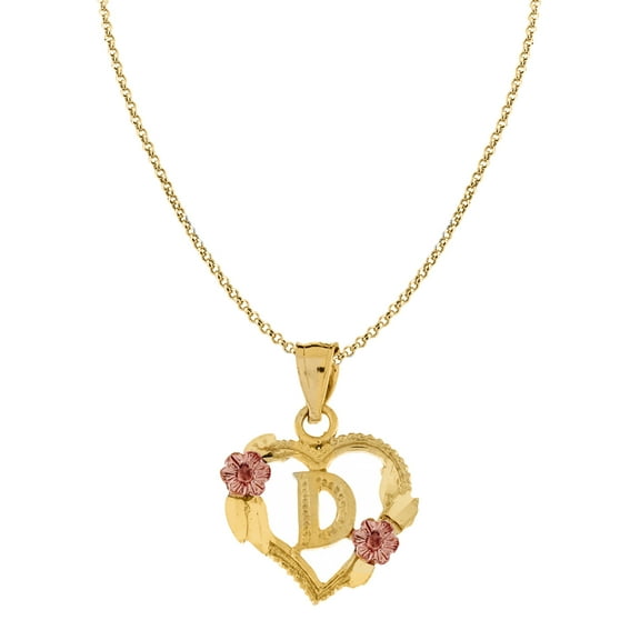 Genuine 14k Two-tone Gold 0.66" Floral Heart Initial D Pendant Necklace 16", 18", 20", 22" Trendy Charm Initial Necklaces for Women
