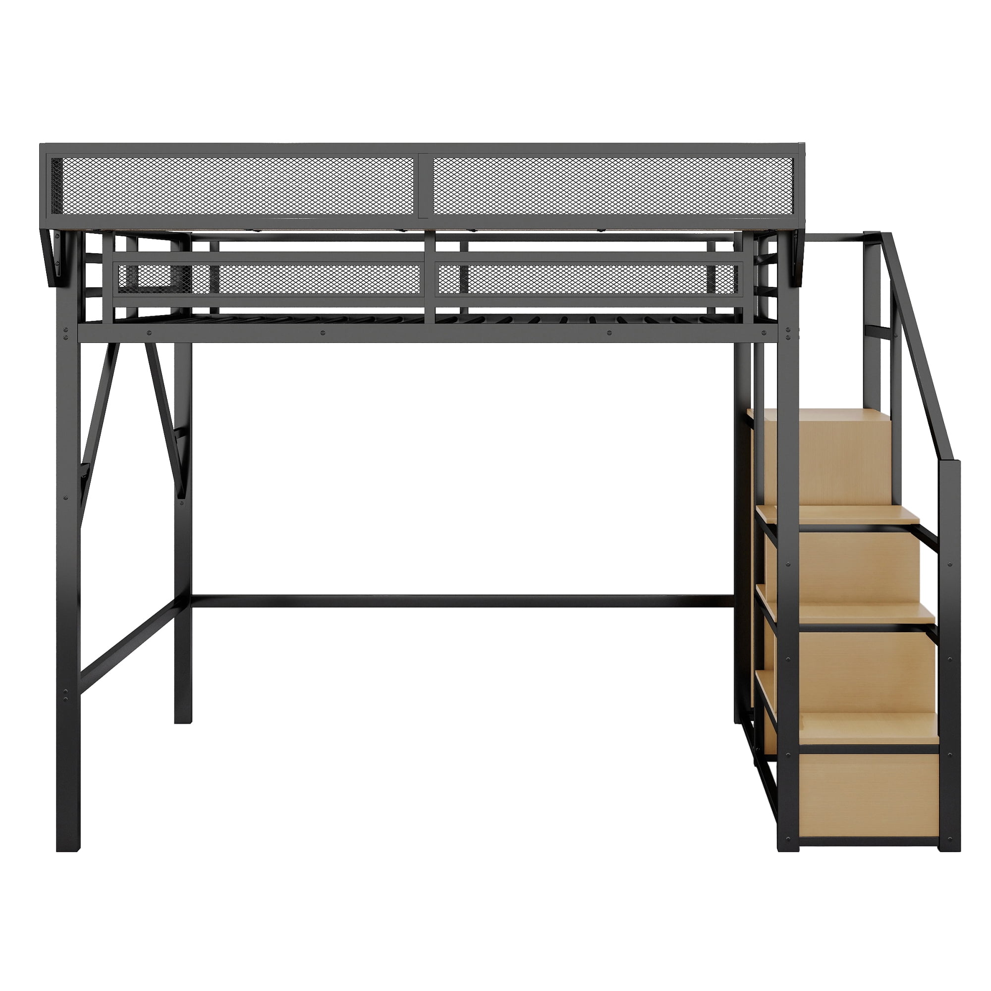 Leumius Queen Size Loft Bed with Wardrobe, Metal Queen Loft Bed with Storage Shelves, High Loft Bed with Stairs for Kids Teens Adults, Black