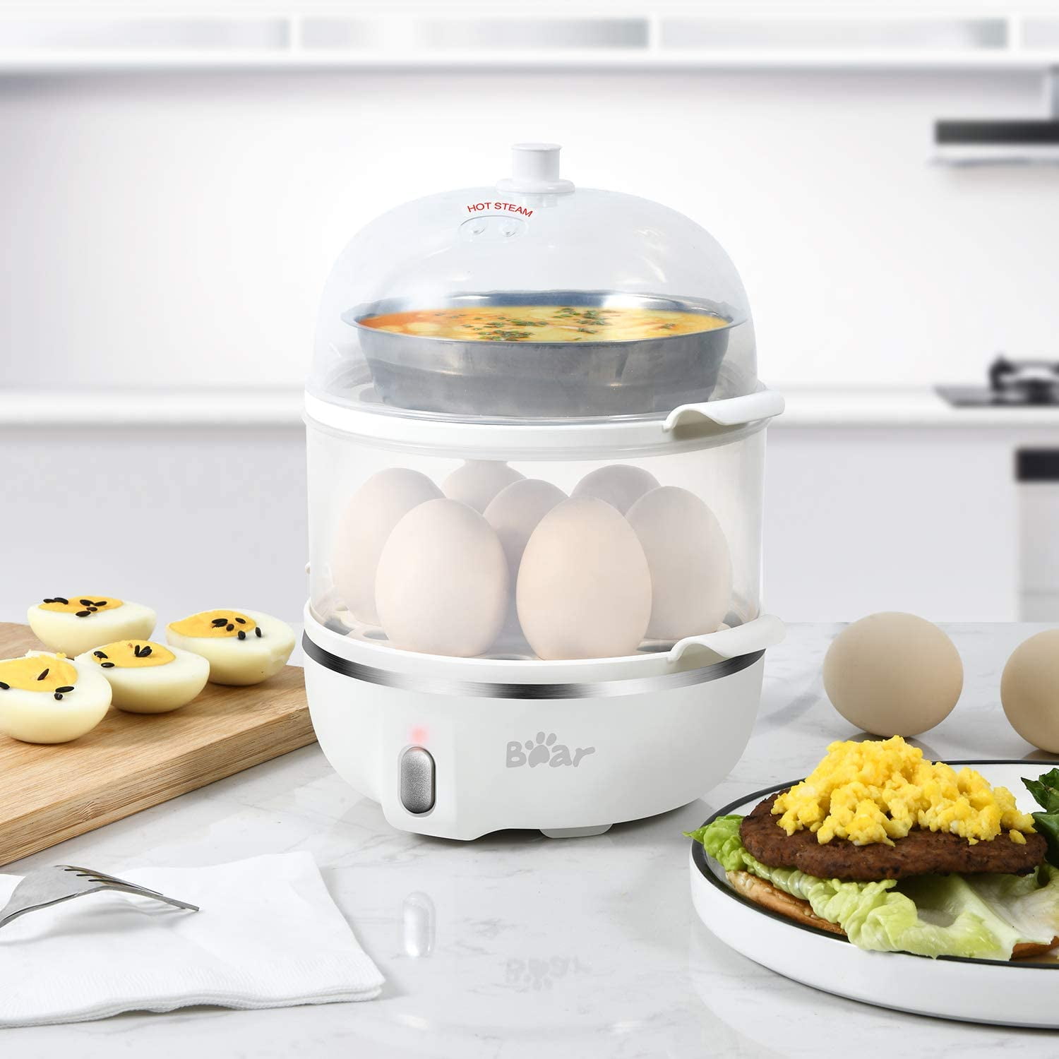 Bear 14 Egg Cooker, Electric Egg Boiler Maker & Poacher for Hard Boiled Scrambled Omelets