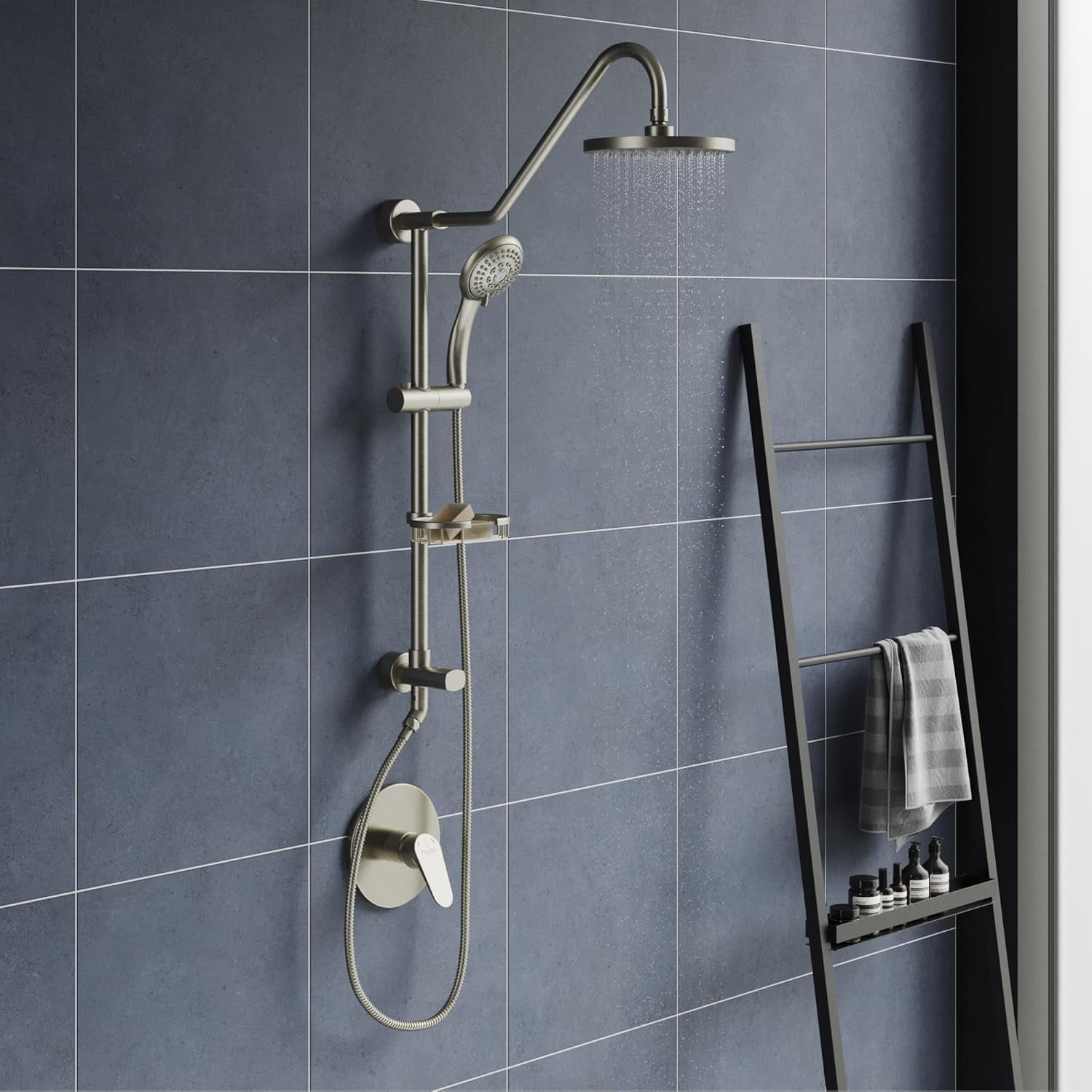 Kauai III 8-in Rain Showerhead Shower System with Slide Bar and Integrated Soap Dish Brushed Nickel 1.8 GPM