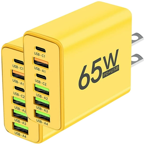 Cargador Multipuertos HotShot NexusYellow 2 Pzas 6 Puertos USB 5V 3A Max 65W 100-240V 50-80Hz Amarillo