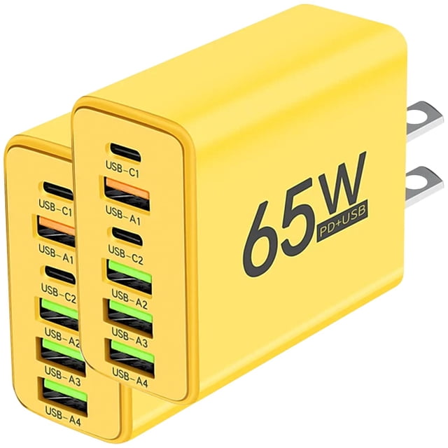 Cargador Multipuertos HotShot NexusYellow 2 Pzas 6 Puertos USB 5V 3A Max 65W 100-240V 50-80Hz Amarillo