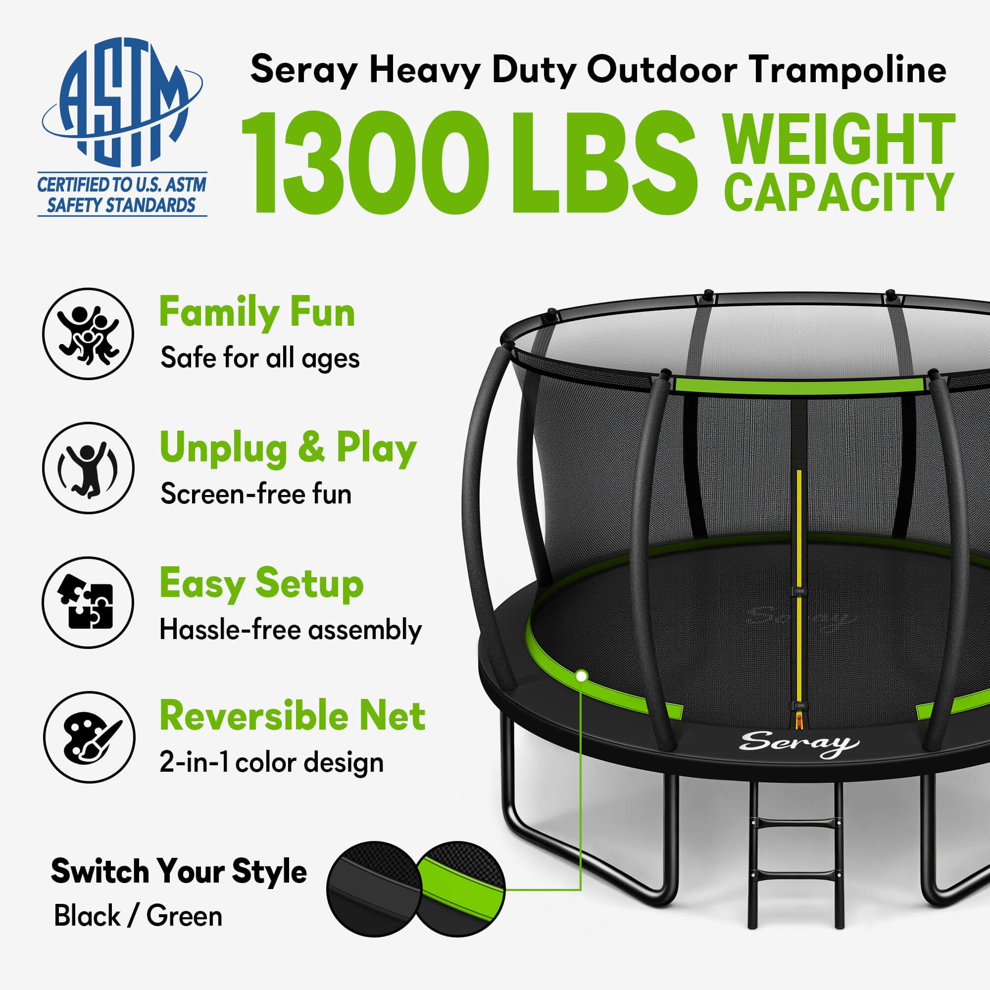 SERAY 10FT, 12FT, 14FT Outdoor Trampoline with Safety Enclosure Net, Ladder and Rust-Resistant Frame, ASTM Certified Backyard Trampoline for Kids and Adults