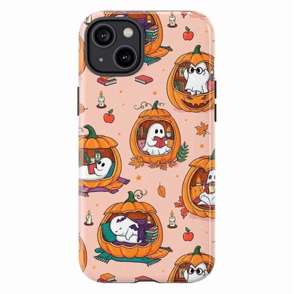 Kawaii Ghost & Pumpkin Phone Case, Cozy Fall Reader Halloween Aesthetic Cover for iPhone 17 16 15 14 13 12 11 Pro Max Mini