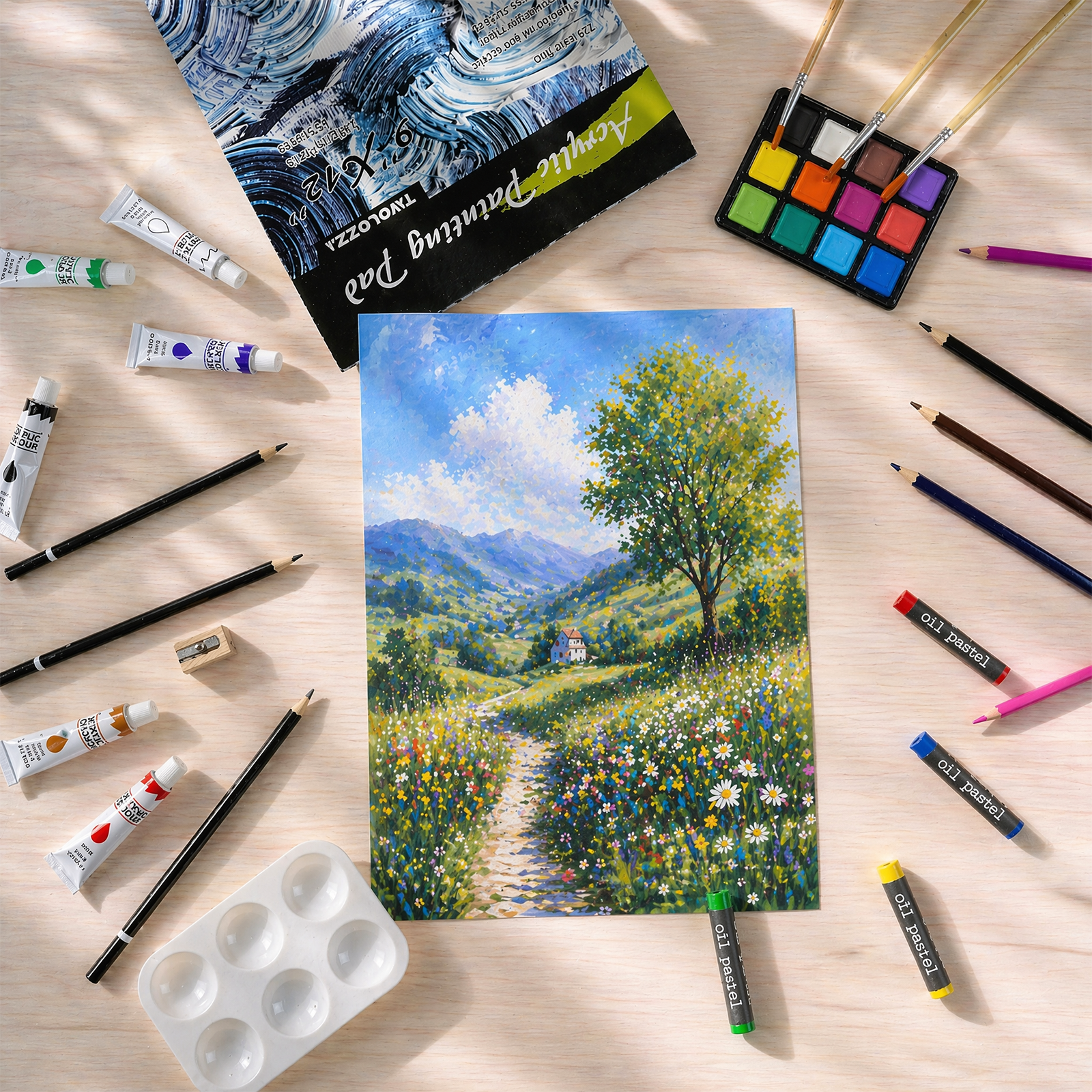 TAVOLOZZA 96PCS Wood Easel Art Set, Complete Drawing & Painting Kit with Paints, Pencils & Brushes