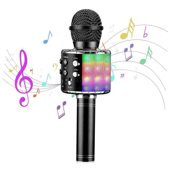 Kids Microphone, Wireless Microphone with LED Lights, Portable Singing Toys Gifts for Kids and Adults, Black