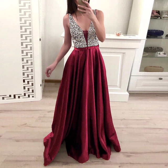 SMihono Robe Maxi Bohème d'Été pour Femmes Grande Taille Mode Féminine Robe de Soirée Col en V Paillettes Robe de Bal Formelle Longue Robe de Plage