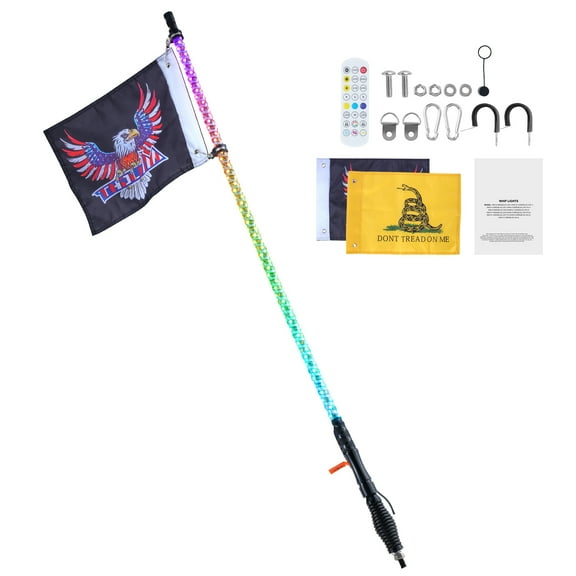 KFFKFF 3-Foot LED Whip Light, Spring Base, App & Remote, Waterproof RGB Spiral, Includes 2 Flags, for UTV, ATV, Motorcycle, RZR, Can-am, Go-kart
