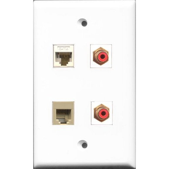RiteAV - 2 Port RCA Red and 1 Port Phone RJ11 RJ12 Beige and 1 Port Cat6 Ethernet White Wall Plate