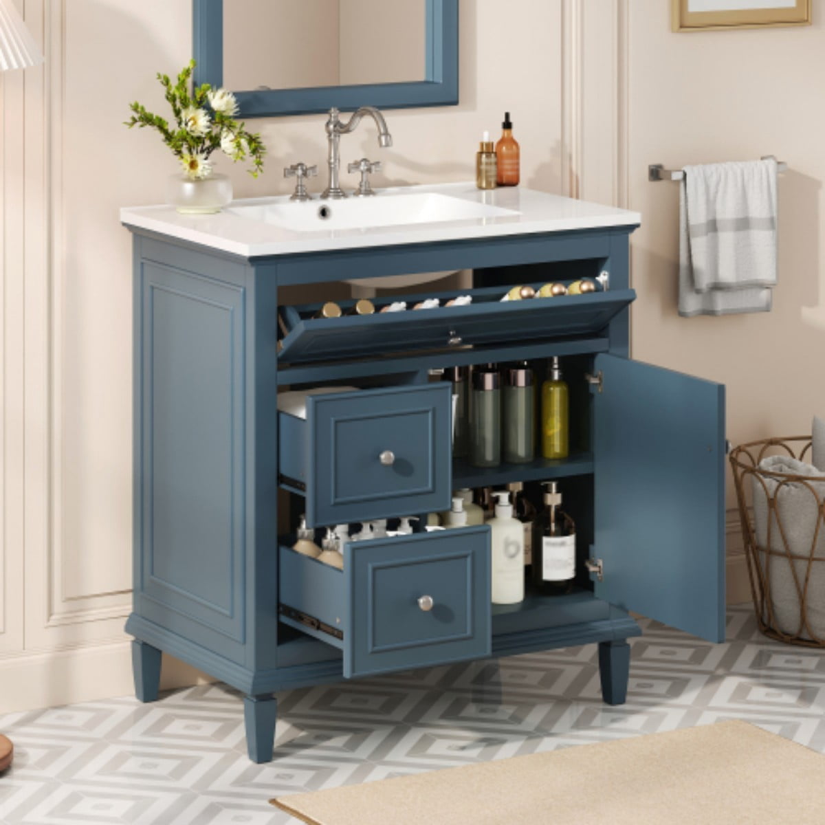 30" Bathroom Vanity with Sink, Modern Bathroom Cabinet with Ceramic Vanity Sink, Solid Wood & MDF Storage Cabinet with Flip Drawer, Adjustable Shelf, Blue Gray