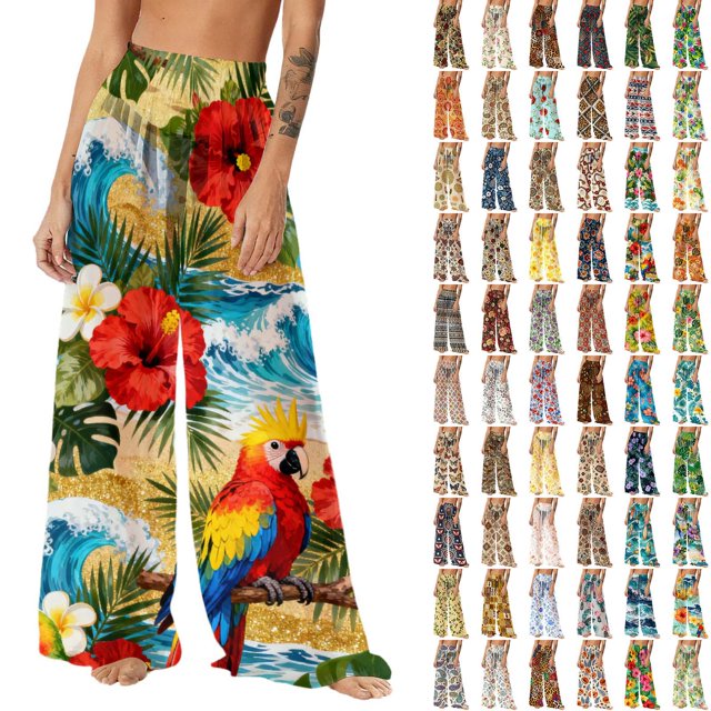 Pincandy Women Mesh Boho Beach Pants See Through Sheer Swimsuit Bikini Bottom Cover up Party Elastic High Waist Wide Leg Pants