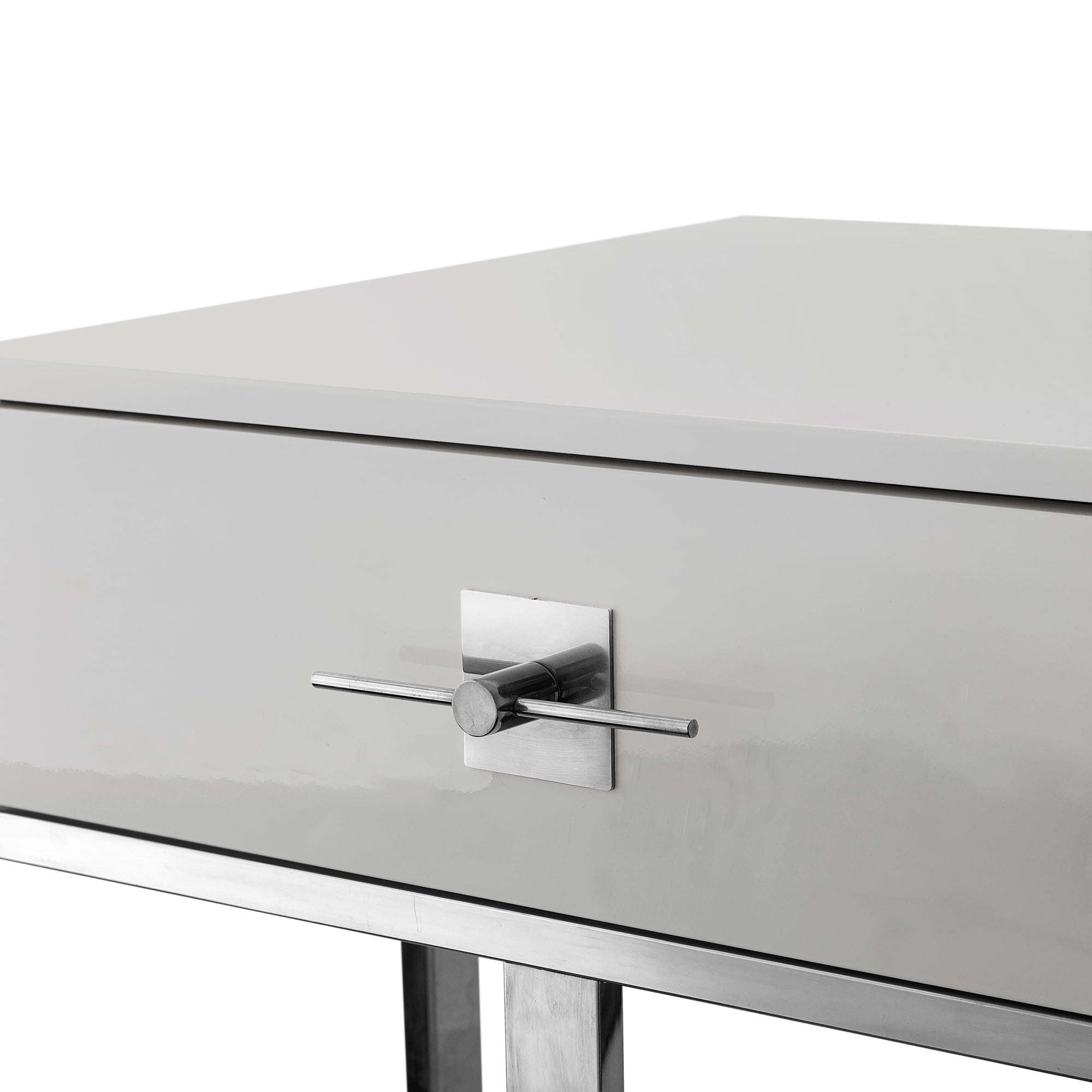 Hilo Light Grey Chrome Side Table - 1 Drawer, Hight Gloss Lacquer Finish, Polished Stainless Steel Base
