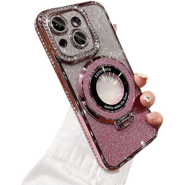 Funda para teléfono con purpurina brillante compatible con iPhone 15, protector de lente de cámara con soporte, cubierta suave con diamantes de imitación brillantes