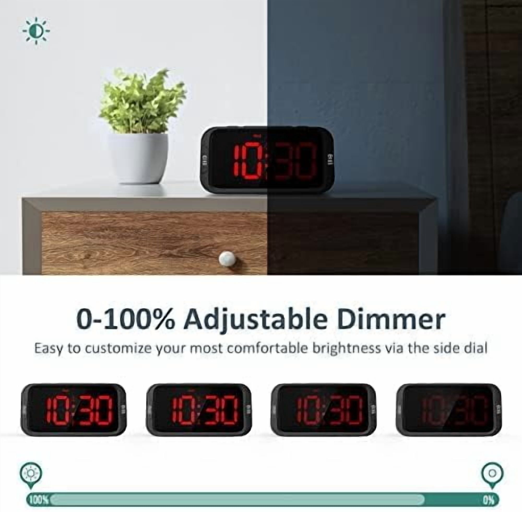 Digital Dual Alarm Clock for Bedroom, Easy to Set, 0-100% Dimmer, USB Charger, 5 Sounds Adjustable Volume, Weekday/Weekend Mode, Snooze, 12/24Hr, Battery Backup, Compact Clock for Bedside(Red)