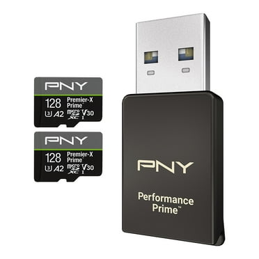 PNY 128GB Premier-X Prime™ Class 10 U3 V30 A2 microSDXC Flash Memory Card & Reader Kit - Ultra-Fast Speeds, Read Up to 180MB/s, 4K UHD, Full HD, UHS-I, For Smartphones, Drones, Action Cameras, 2-Pack