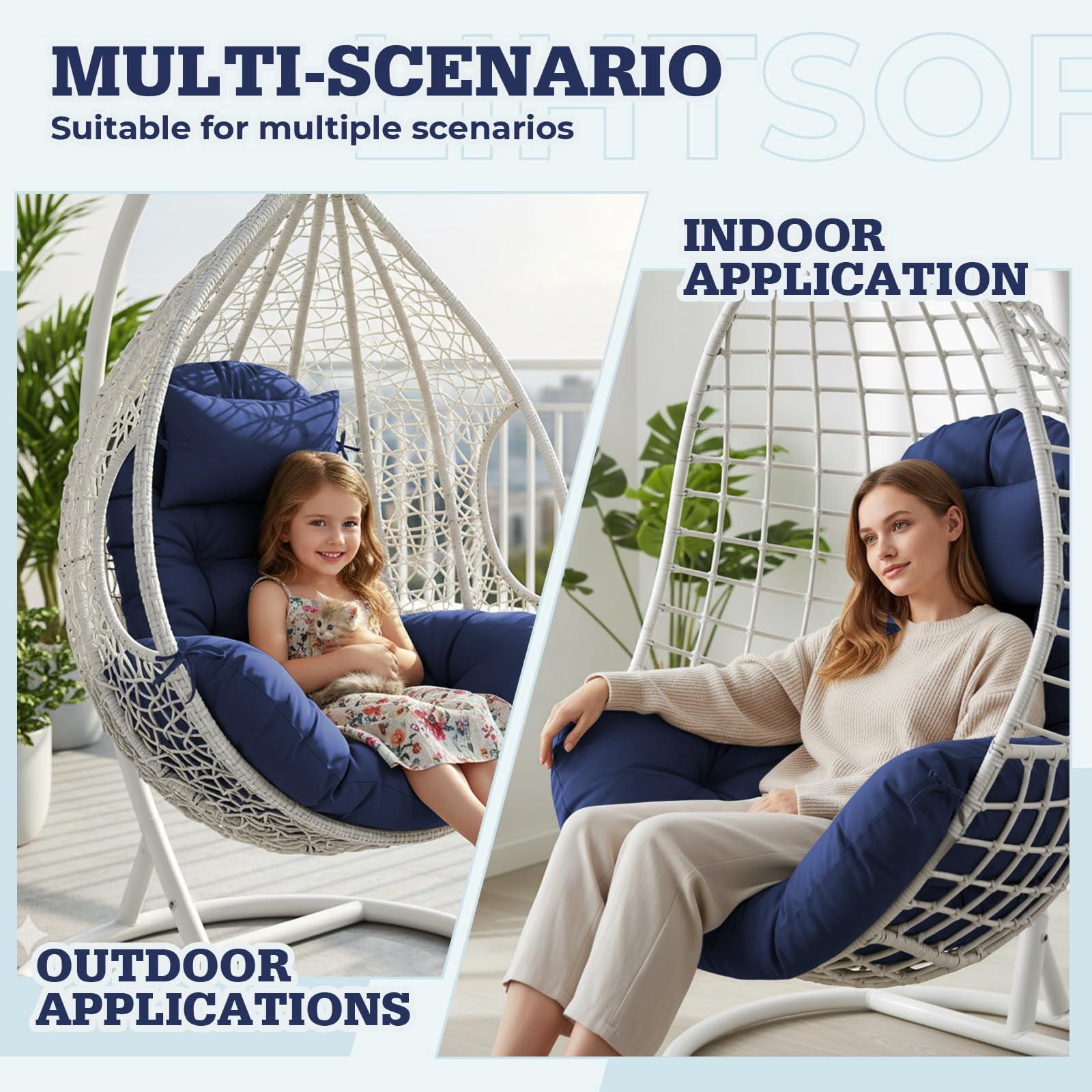 Outdoor egg Chair Cushion Replacement 51x37 Inch,Thicken Foldable Removable Waterproof Egg Chair Cushions with Headrest,Rocking Chair Cushions for Indoor Outdoor Patio Garden,Bule