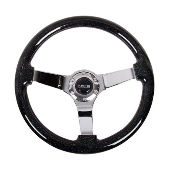 NRG Innovations ST-036BSB-CH 350 mm Black Sparkled Wood Grain Wheel 3 in. Deep with 3 Solid Spoke Center in Chrome