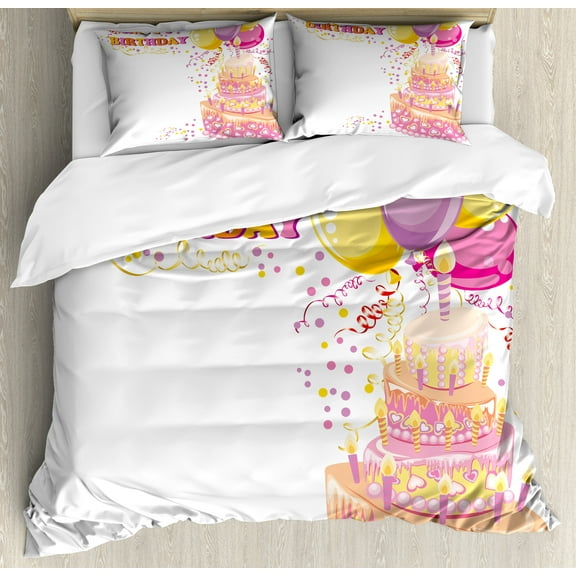Birthday Party Duvet Cover Set, Celebration Girl Themed Party Cake Candles Balloons Hearts Image Print, Decorative 3 Piece Bedding Set with 2 Pillow Shams, Calking Size, Orange and Pink, by Ambesonne