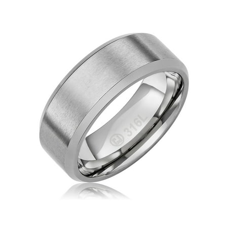 Mens Wedding Band in 316L Stainless Steel 8MM Ring with Brushed Top and Polished Edges