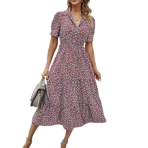 Txlixc Vestido de manga corta femenino con solapa impresa en flores Txlixc moda