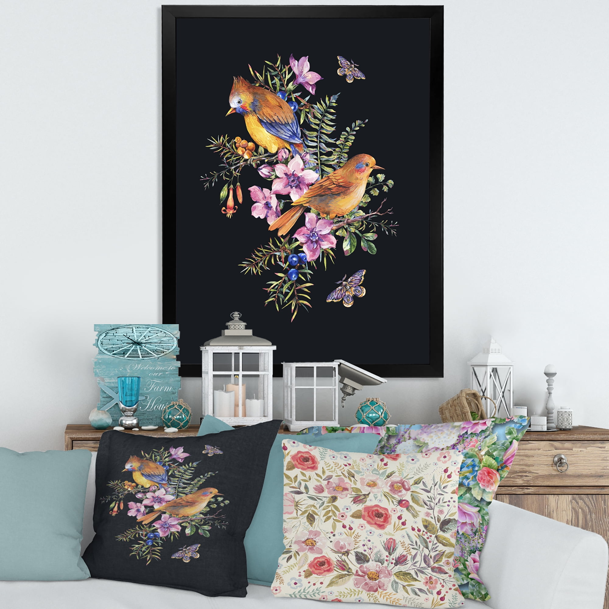Designart 'Little Bird Sitting On Colourful Bouquet Of Wildflowers II' Traditional Framed Art Print