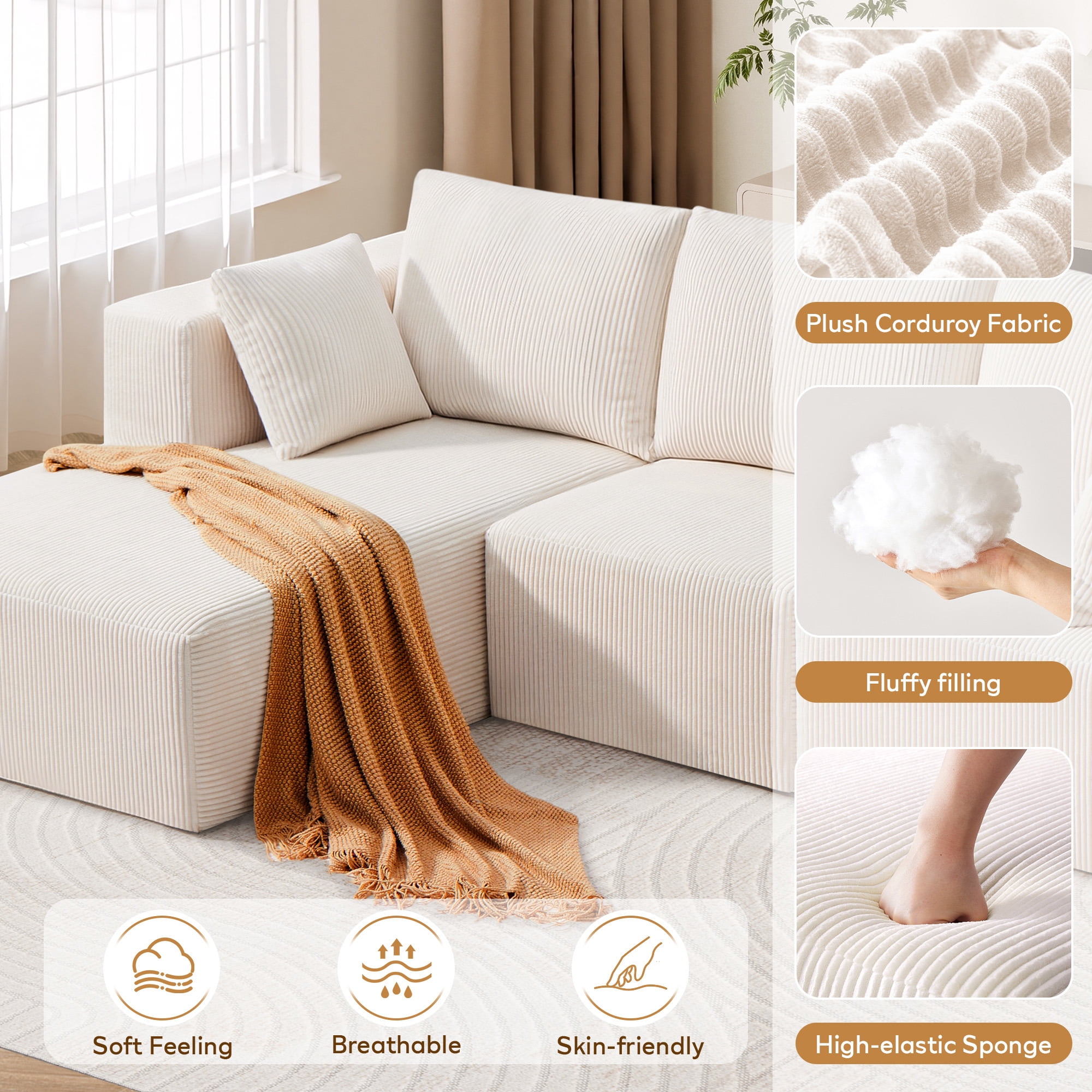 SERWALL 107" Modular Sectional Sofa, L Shaped Cloud Sectional Couch, Boneless Convertible Sofa for Living Room, Beige