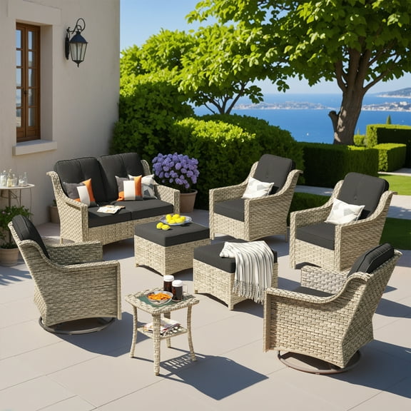 Vcatnet 8 Pieces Patio Furniture Sets with Swivel Glider Chairs, Outdoor Wicker Rattan Sectional Sofa, All Weather High Back Conversation Set with Ottoman, Black